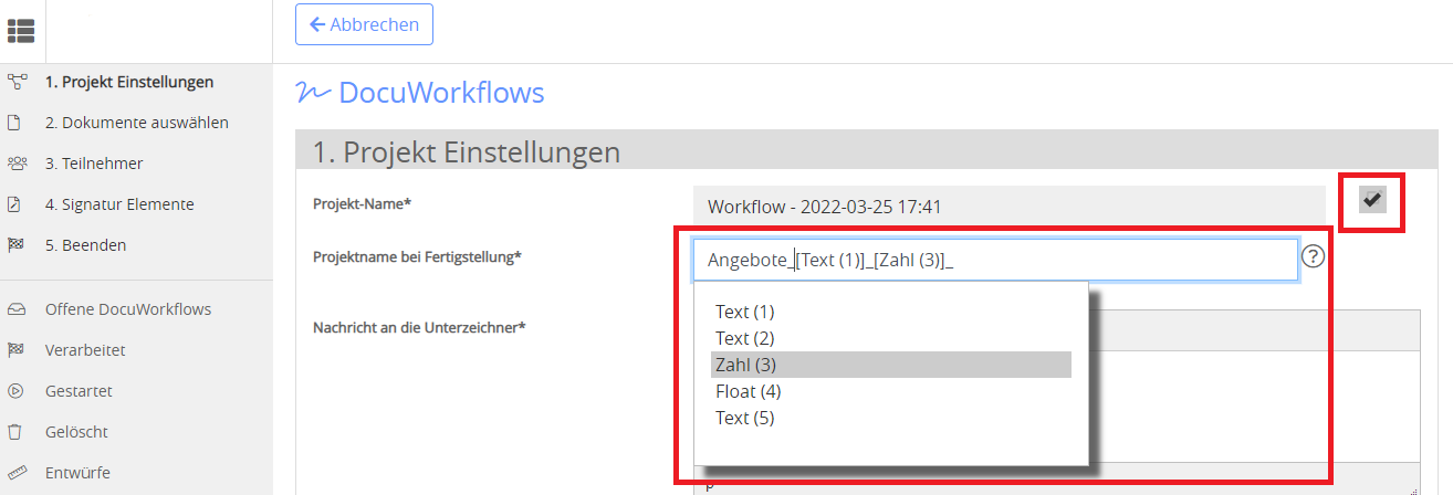 Projekt Name nach Fertigstellung des Workflows ändern - cloudplan Help